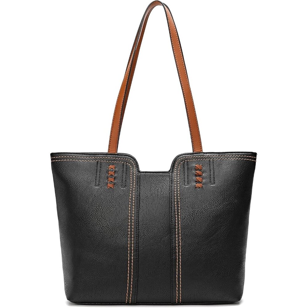 〽️Women's Jet Black Leather Classic Top Handle Zipper Pockets Casual Tote Bag